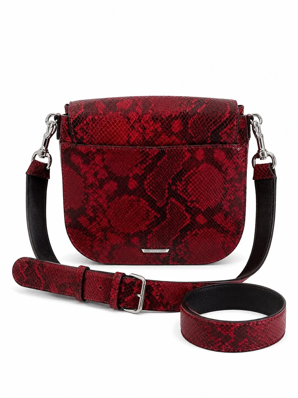 Rebecca Minkoff Red Python Embossed Leather Saddle Crossbody Snake Print Bag